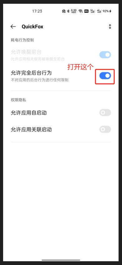 打开“允许完全后台行为”开关