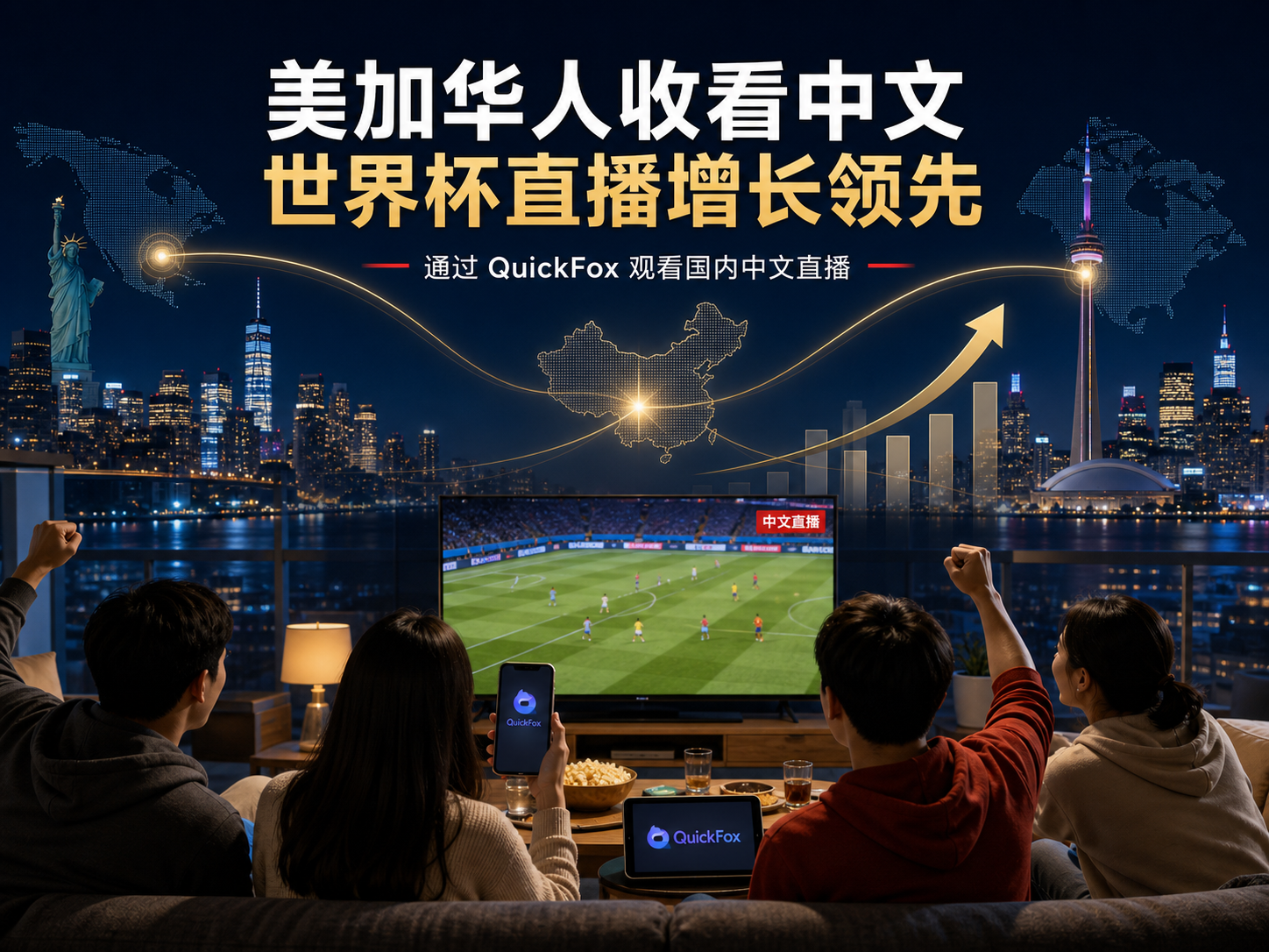 在美加墨地区的华人用quickfox回国加速器观看国内世界杯中文解说的趋势上升明显