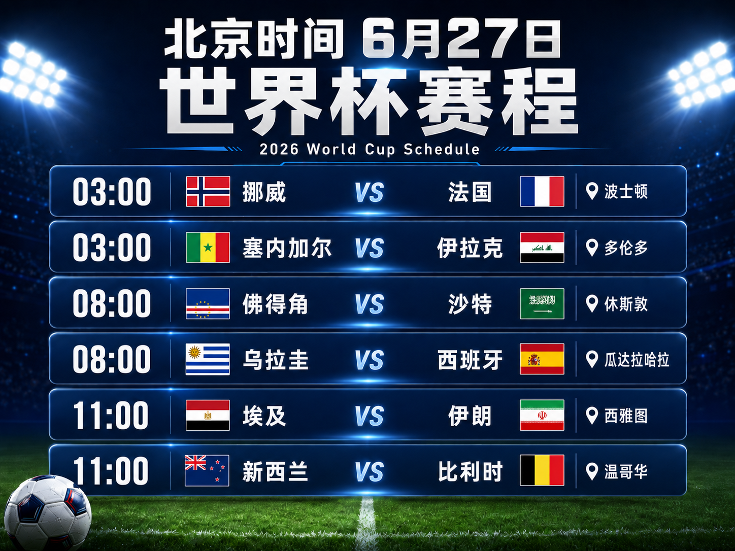 世界杯6月27日赛程