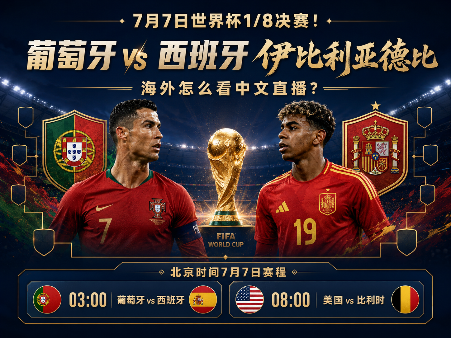 7月7日世界杯1/8决赛！葡萄牙vs西班牙伊比利亚德比，海外怎么看中文直播？