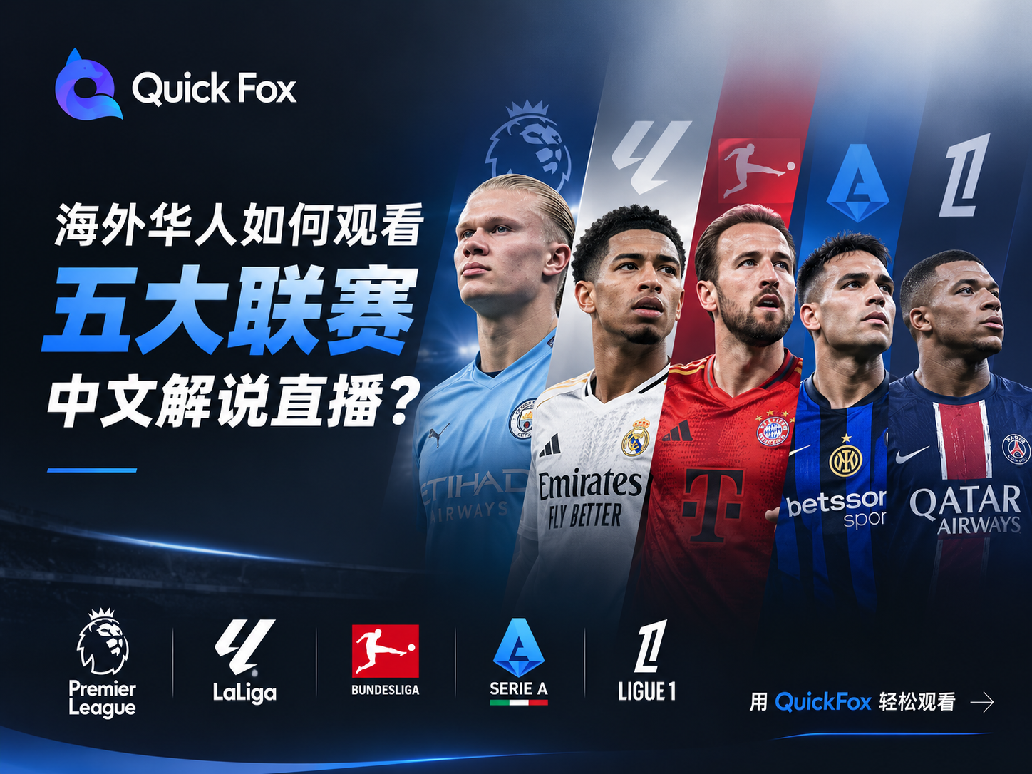 足球五大联赛海外华人中文解说直播观赛就用QuickFox 回国加速器